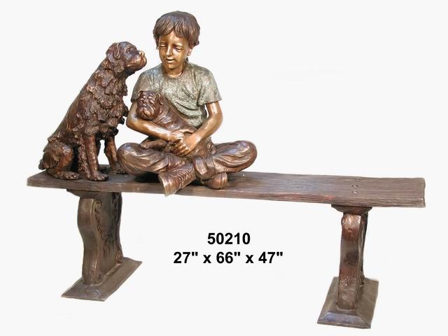 Bronze Boy with Two Dogs Sitting on Bench - Click Image to Close
